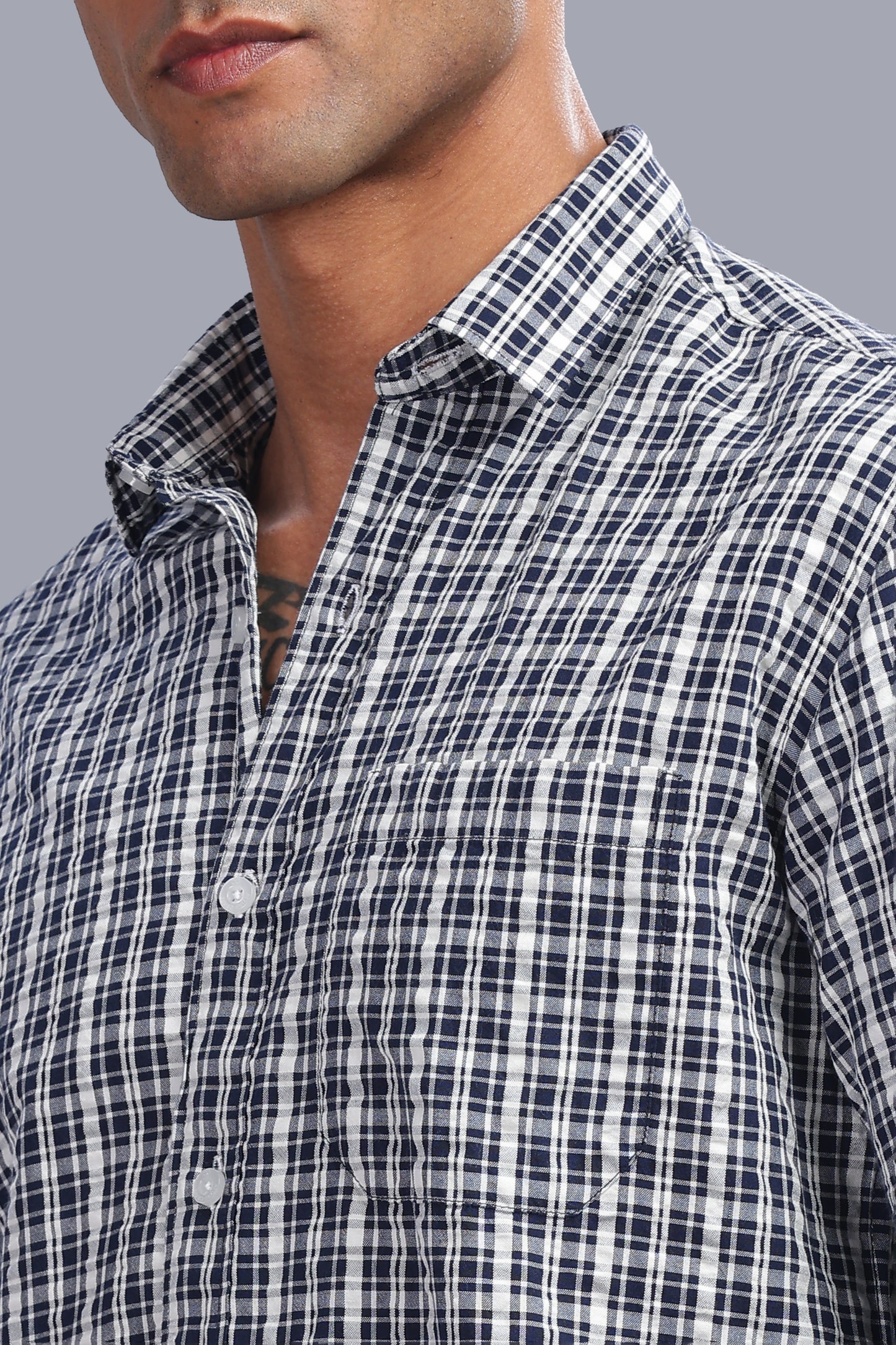 Attire Craft Navy White Checked Cotton Seersucker Shirt