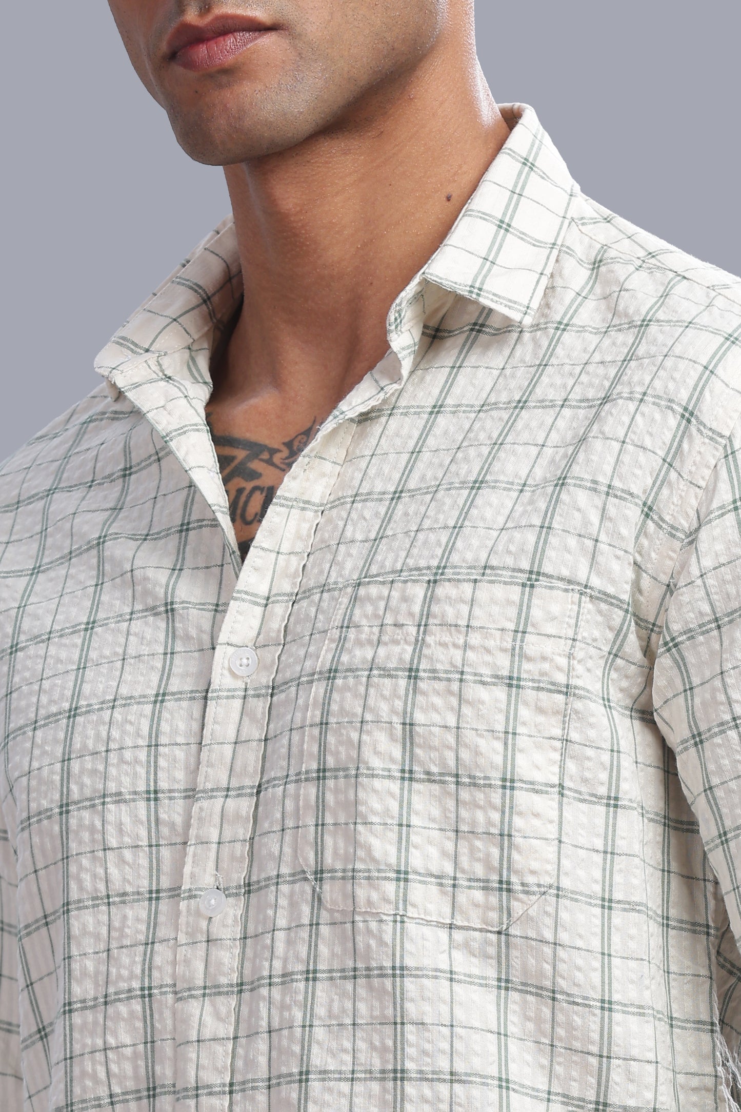 Attire Craft Ivory White Sage Green Checked Cotton Seersucker Shirt