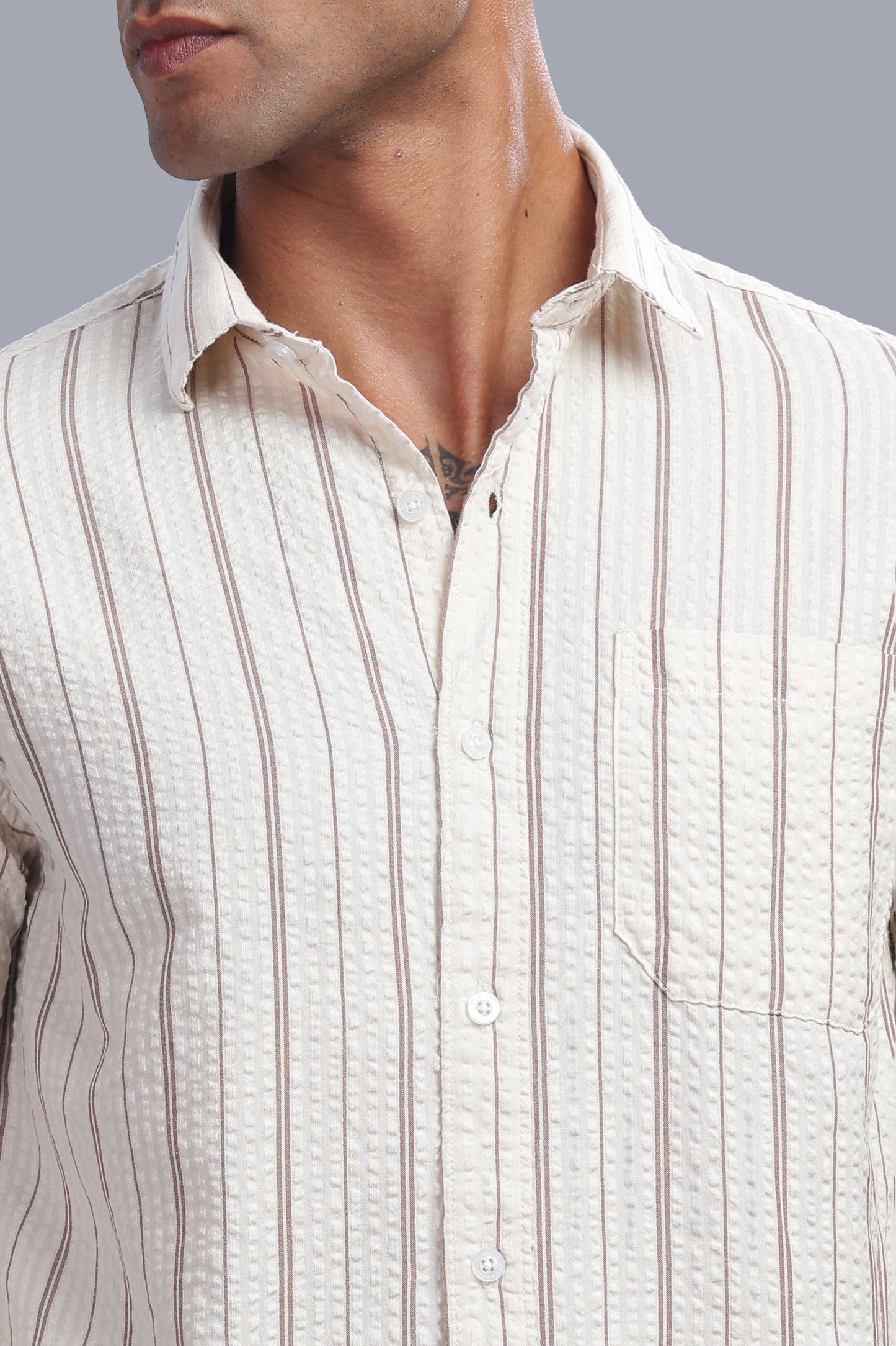 Cream Taupe Striped Cotton Seersucker Casual Shirt