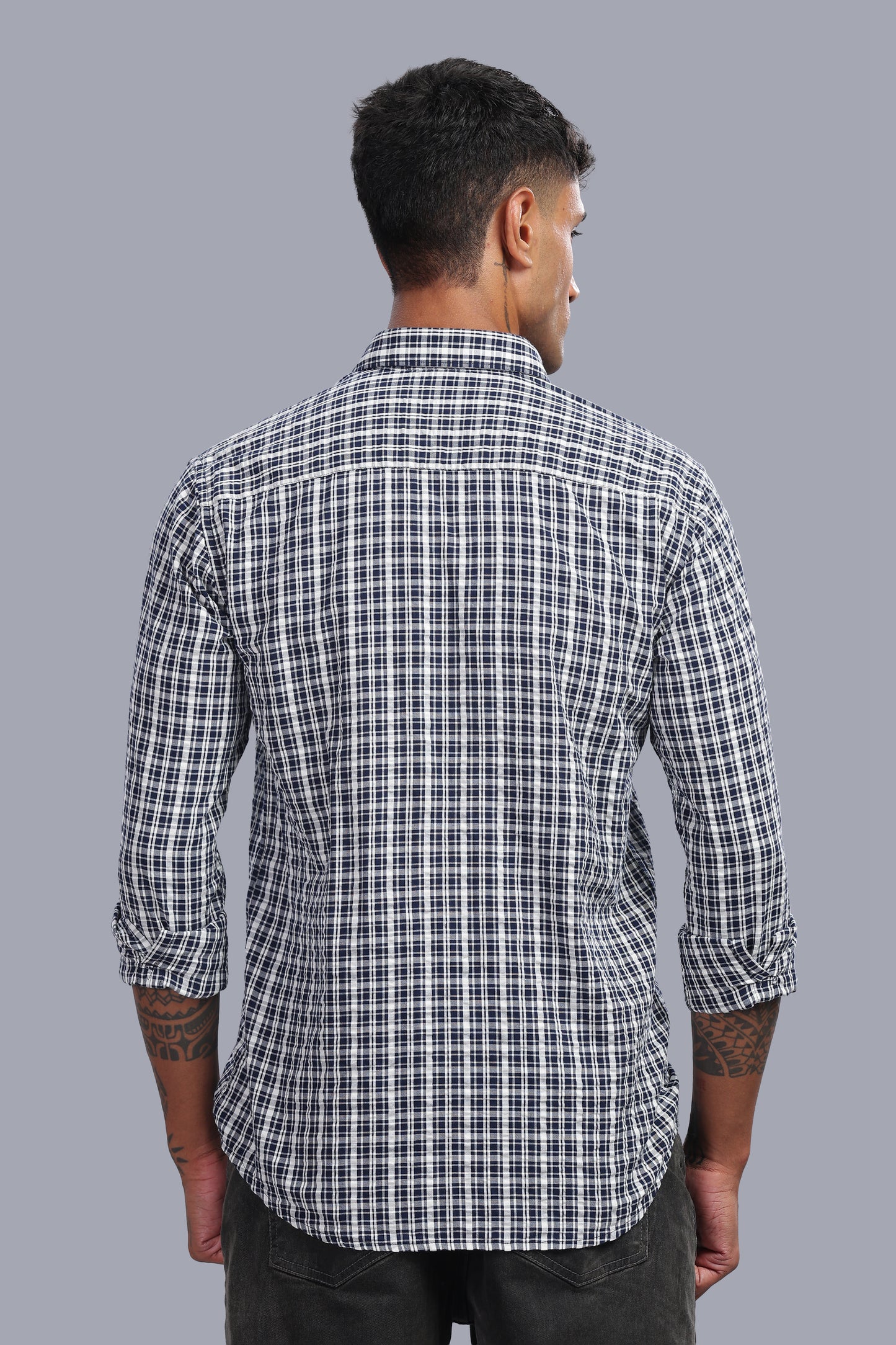 Attire Craft Navy White Checked Cotton Seersucker Shirt
