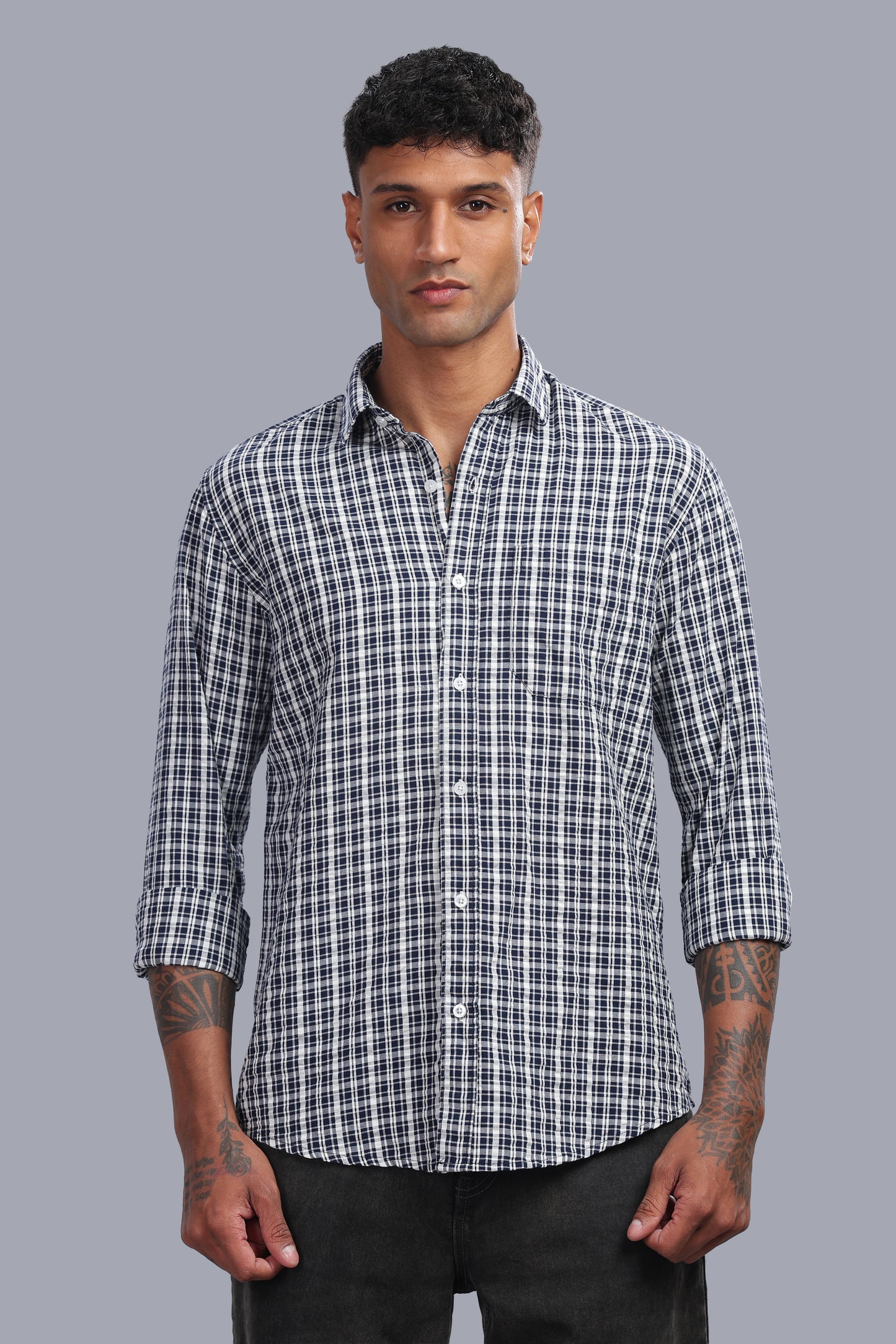Attire Craft Navy White Checked Cotton Seersucker Shirt