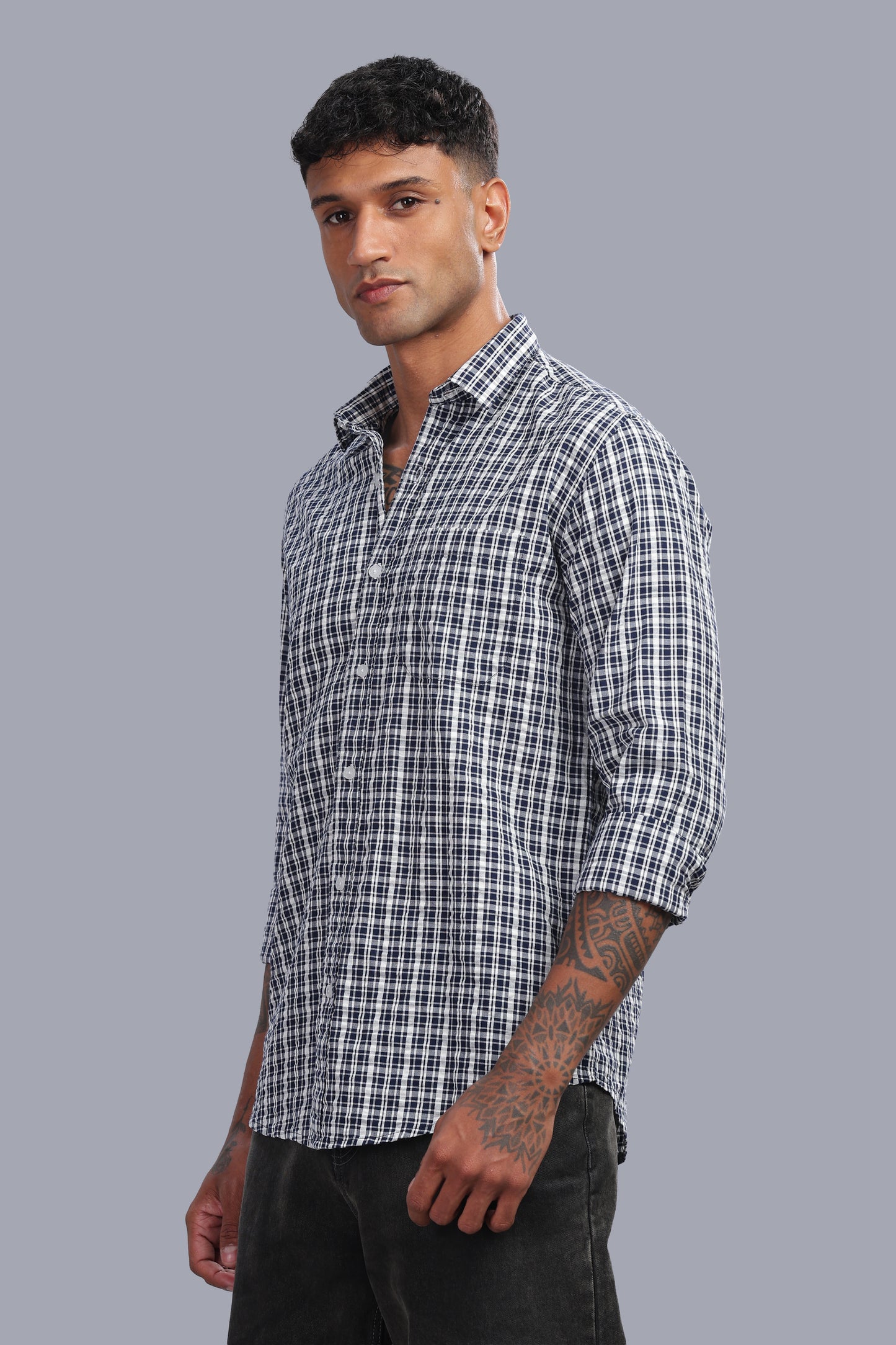 Attire Craft Navy White Checked Cotton Seersucker Shirt
