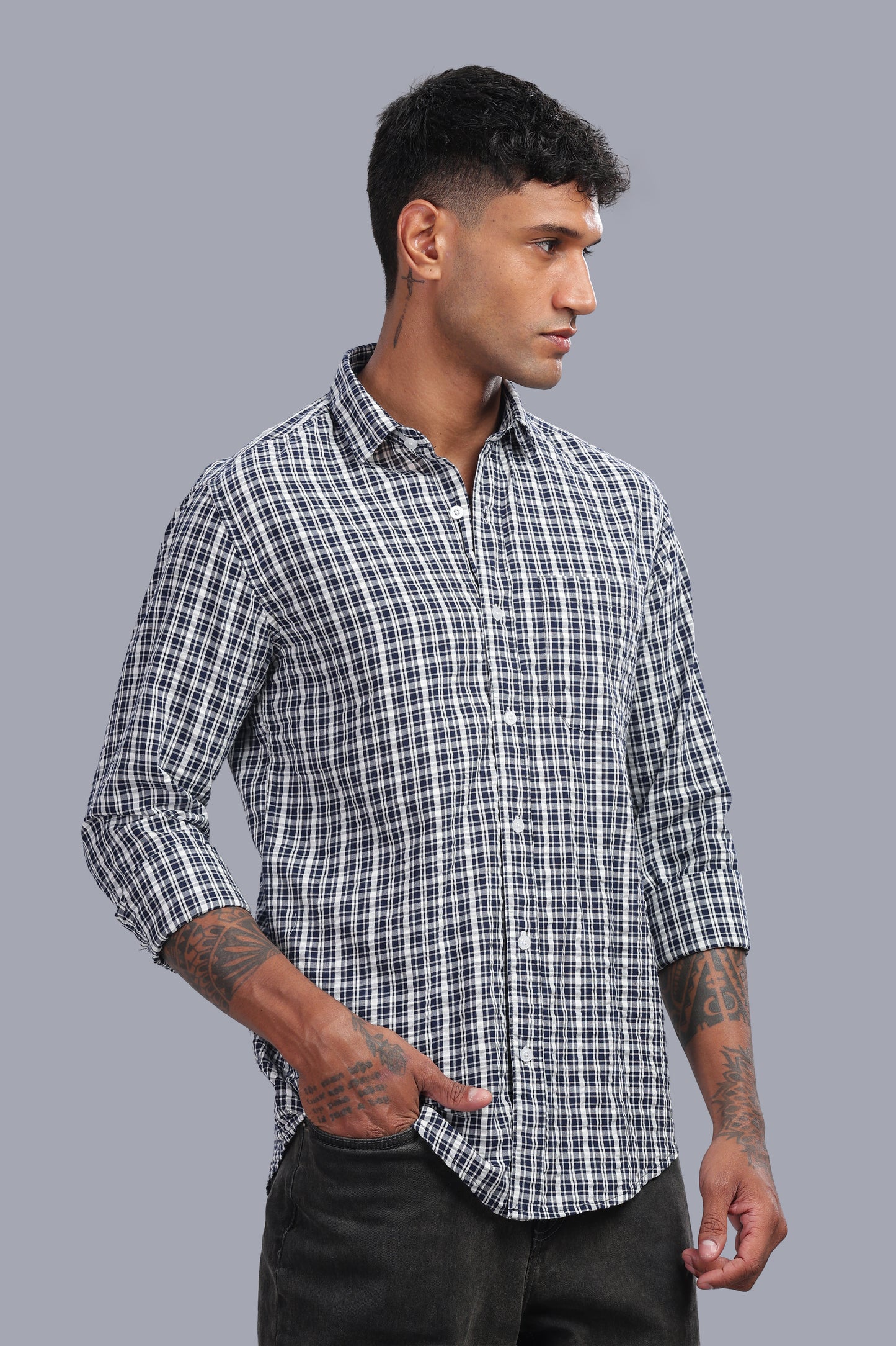 Attire Craft Navy White Checked Cotton Seersucker Shirt