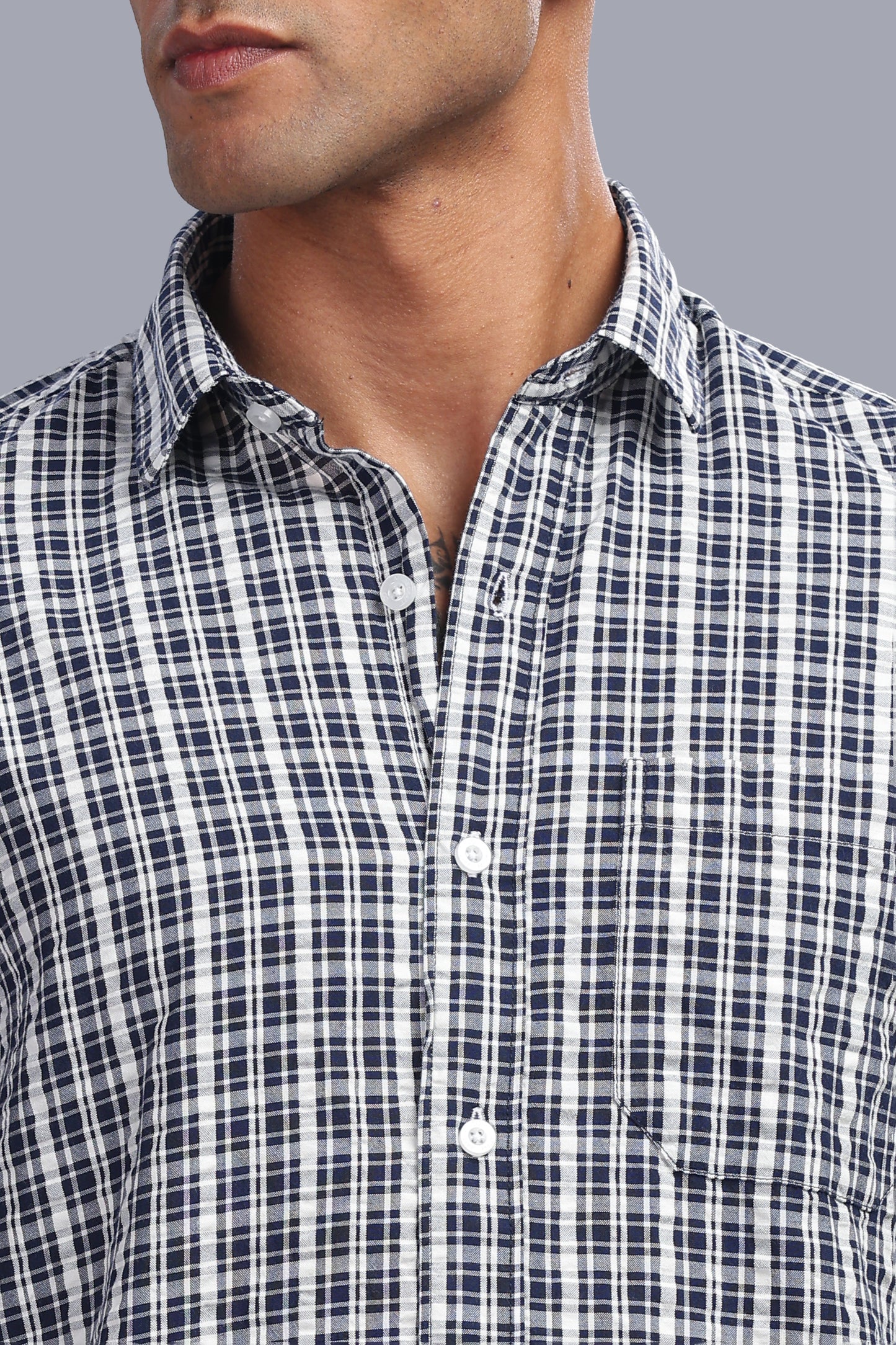 Attire Craft Navy White Checked Cotton Seersucker Shirt