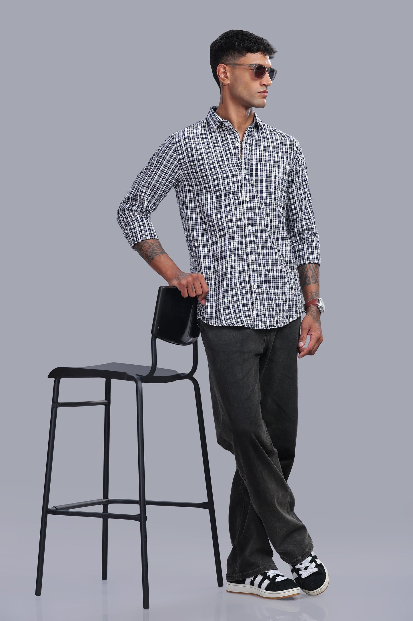 Attire Craft Navy White Checked Cotton Seersucker Shirt