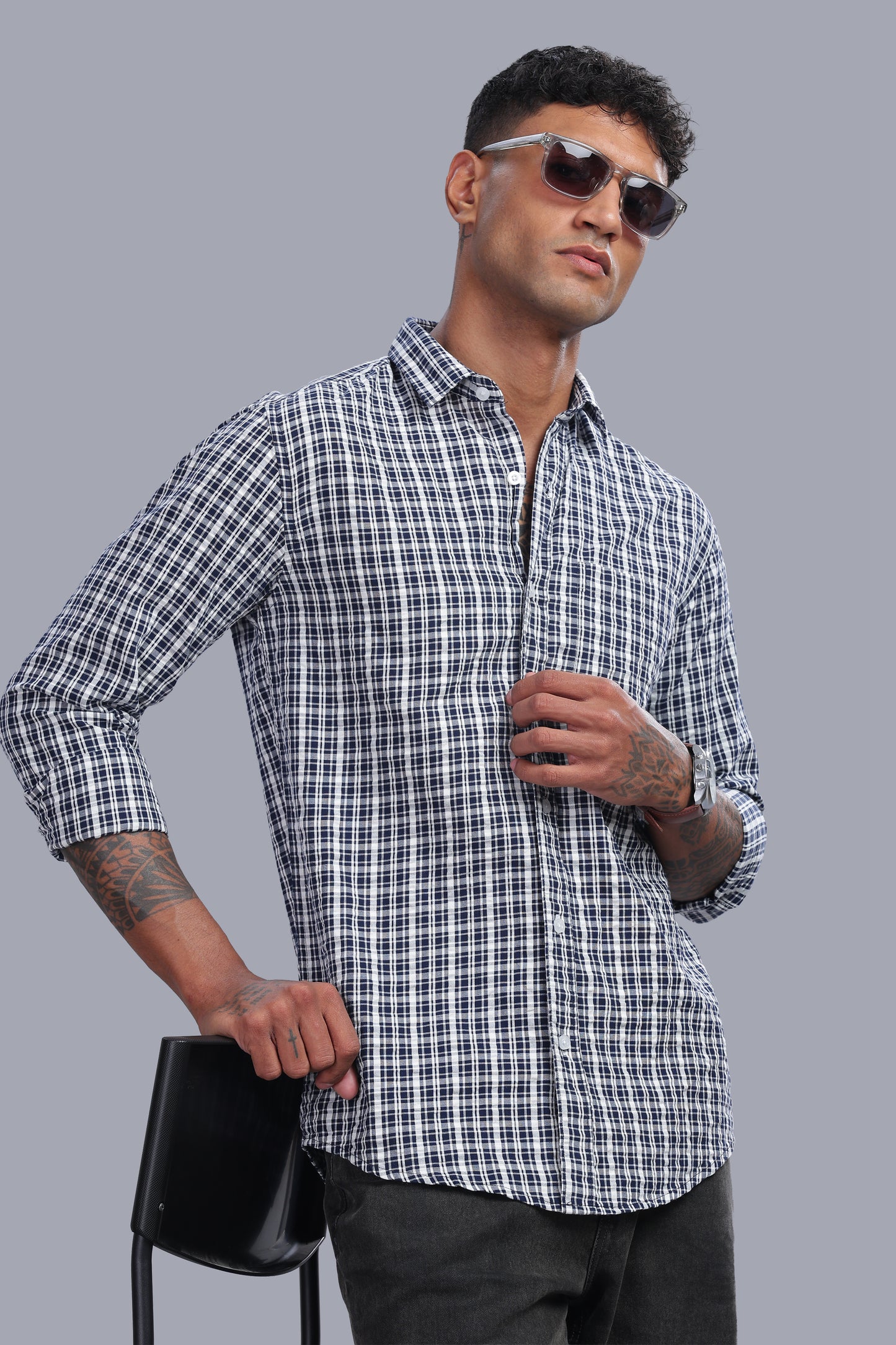 Attire Craft Navy White Checked Cotton Seersucker Shirt