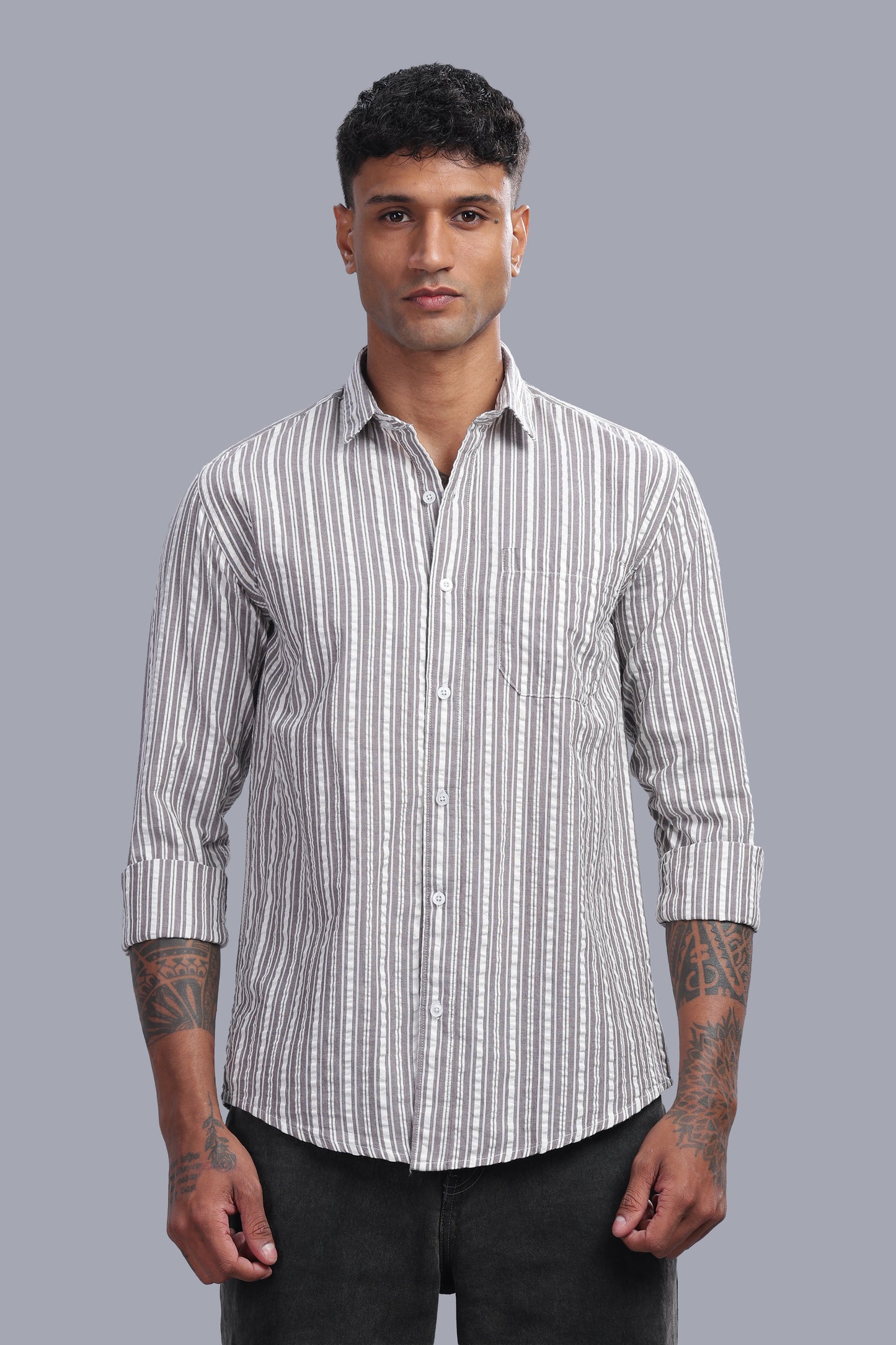 Attire Craft Ash Grey Striped Cotton Seersucker Shirt