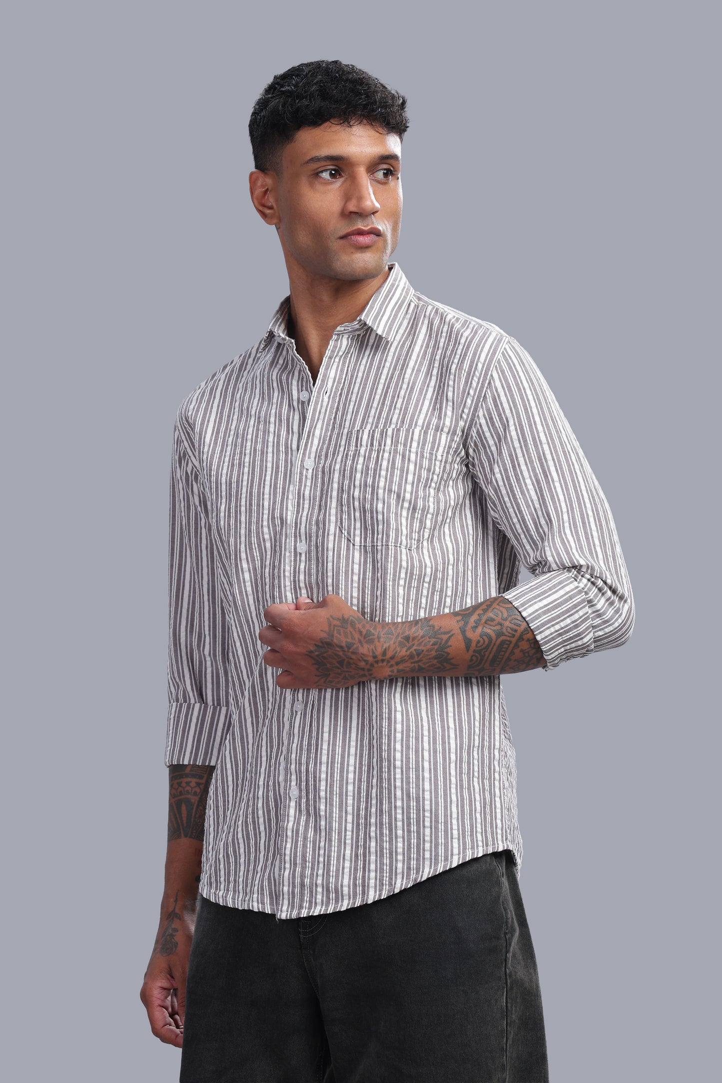 Attire Craft Ash Grey Striped Cotton Seersucker Shirt