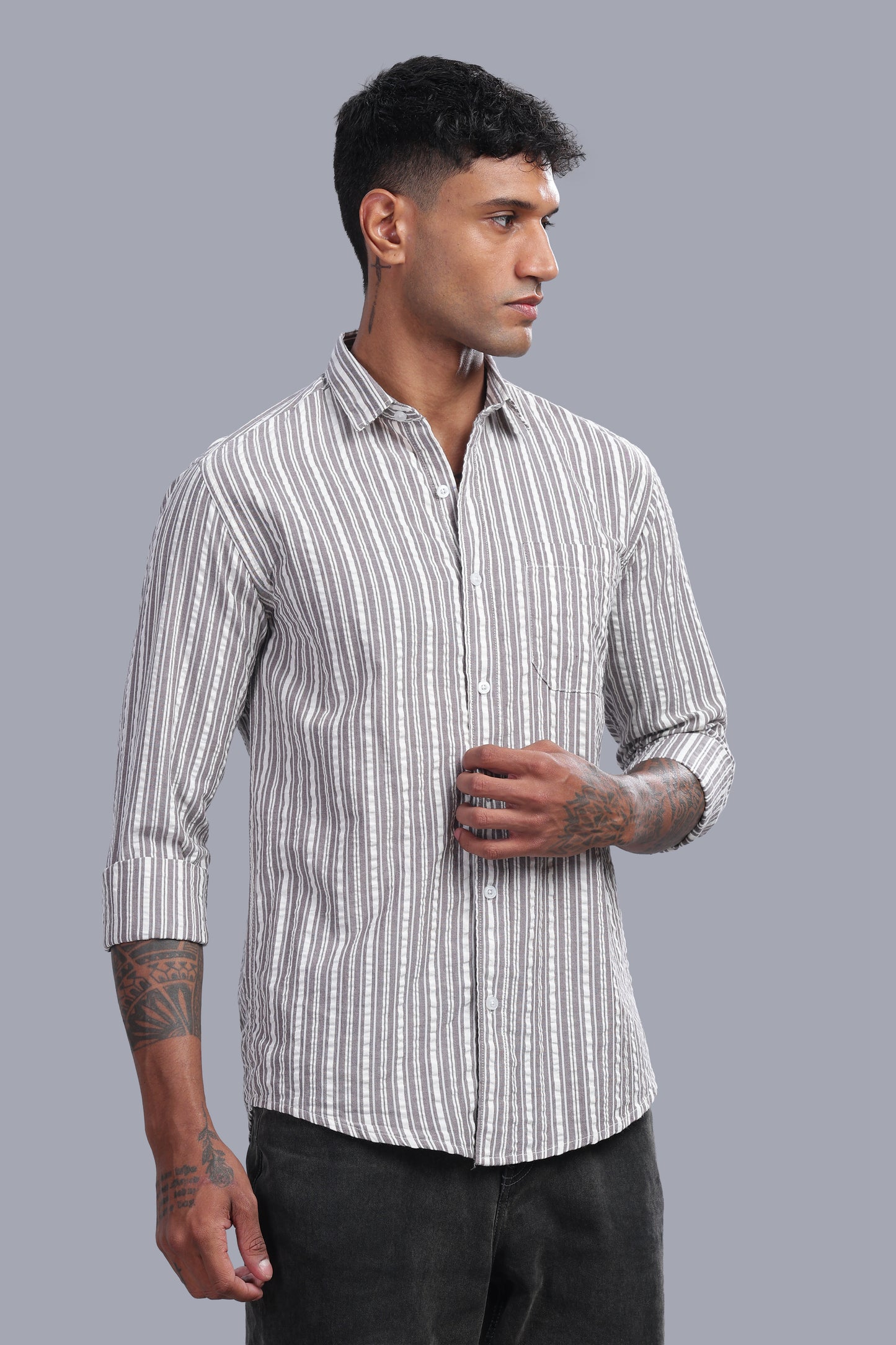 Attire Craft Ash Grey Striped Cotton Seersucker Shirt