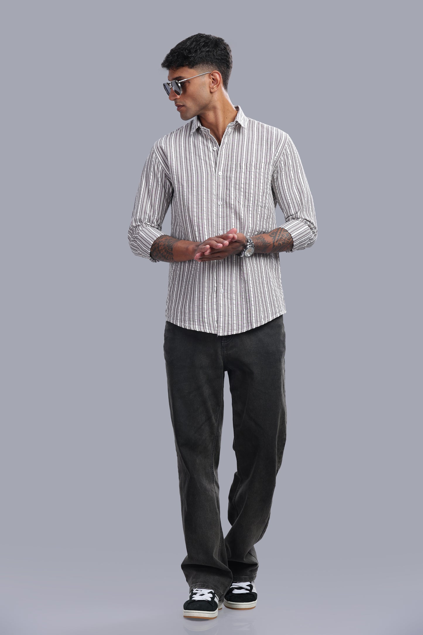 Attire Craft Ash Grey Striped Cotton Seersucker Shirt