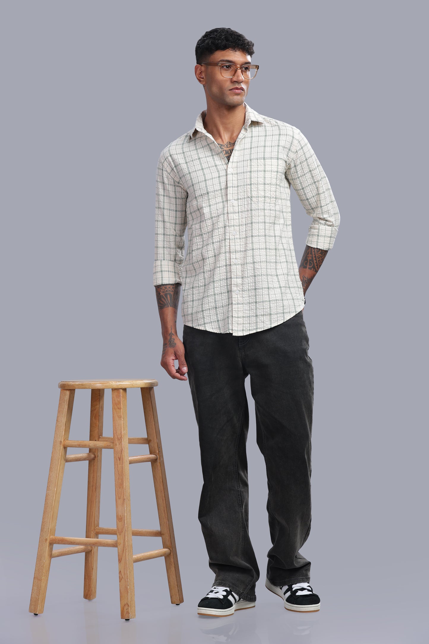 Attire Craft Ivory White Sage Green Checked Cotton Seersucker Shirt