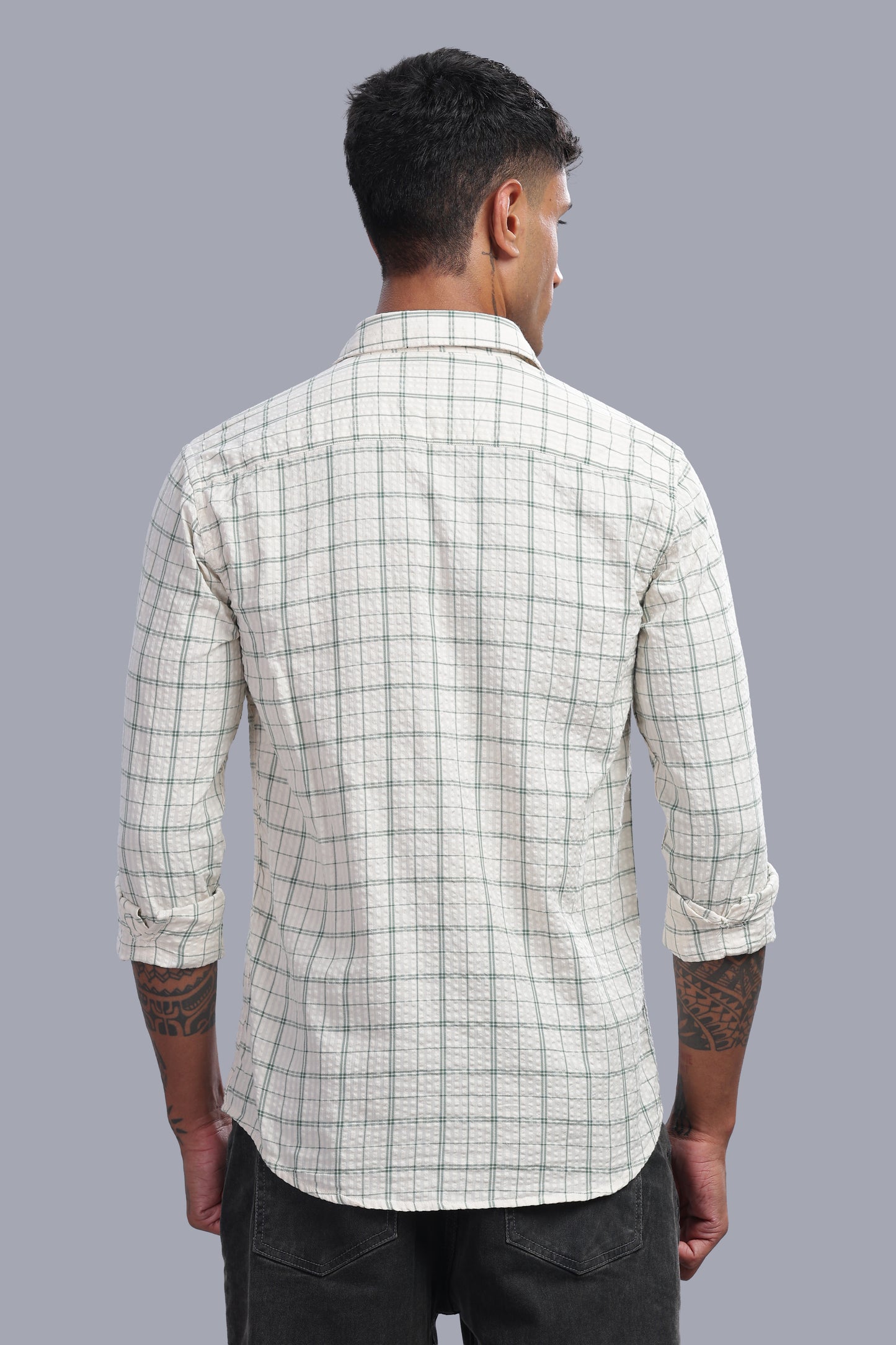 Attire Craft Ivory White Sage Green Checked Cotton Seersucker Shirt