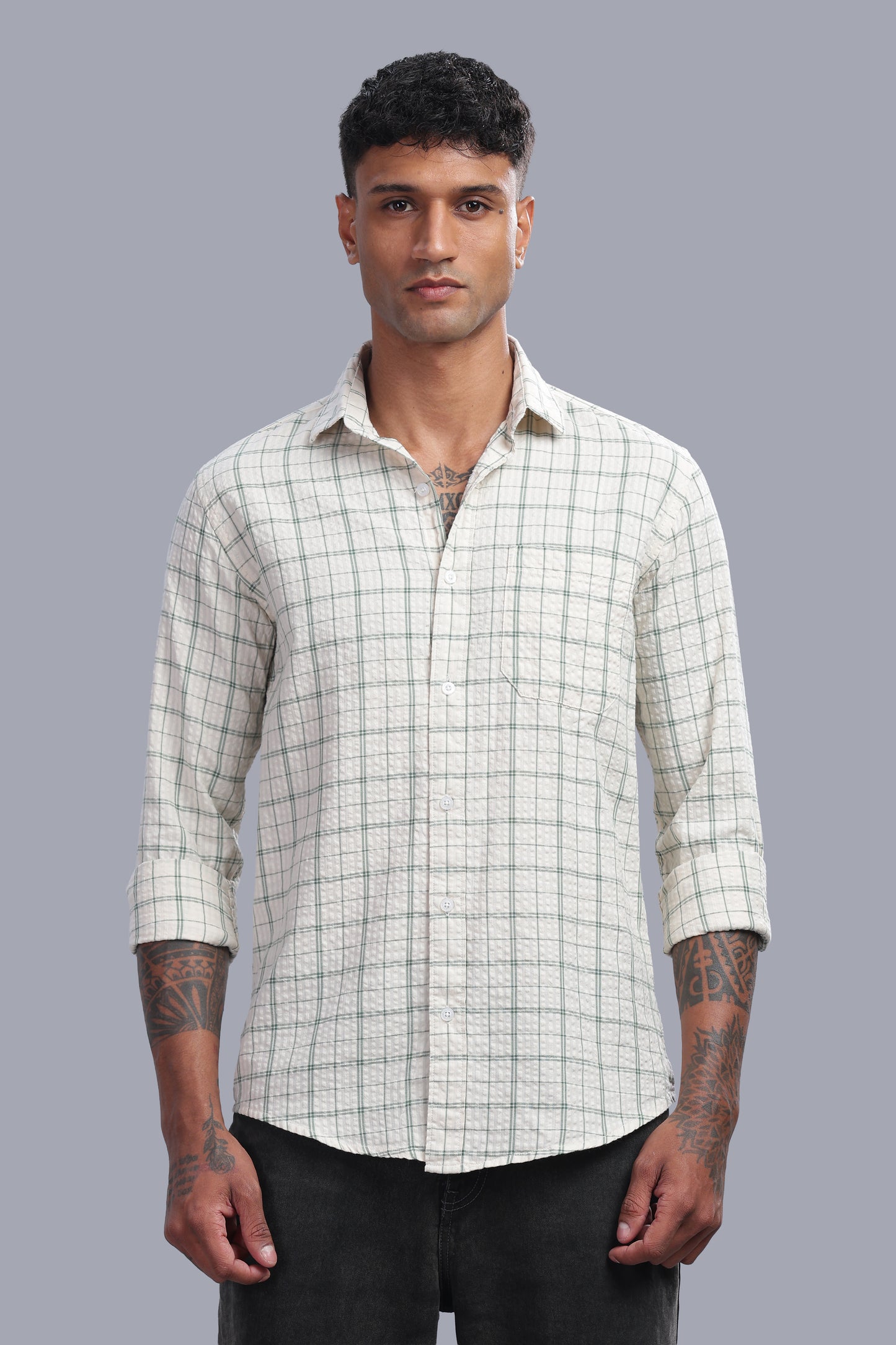 Attire Craft Ivory White Sage Green Checked Cotton Seersucker Shirt