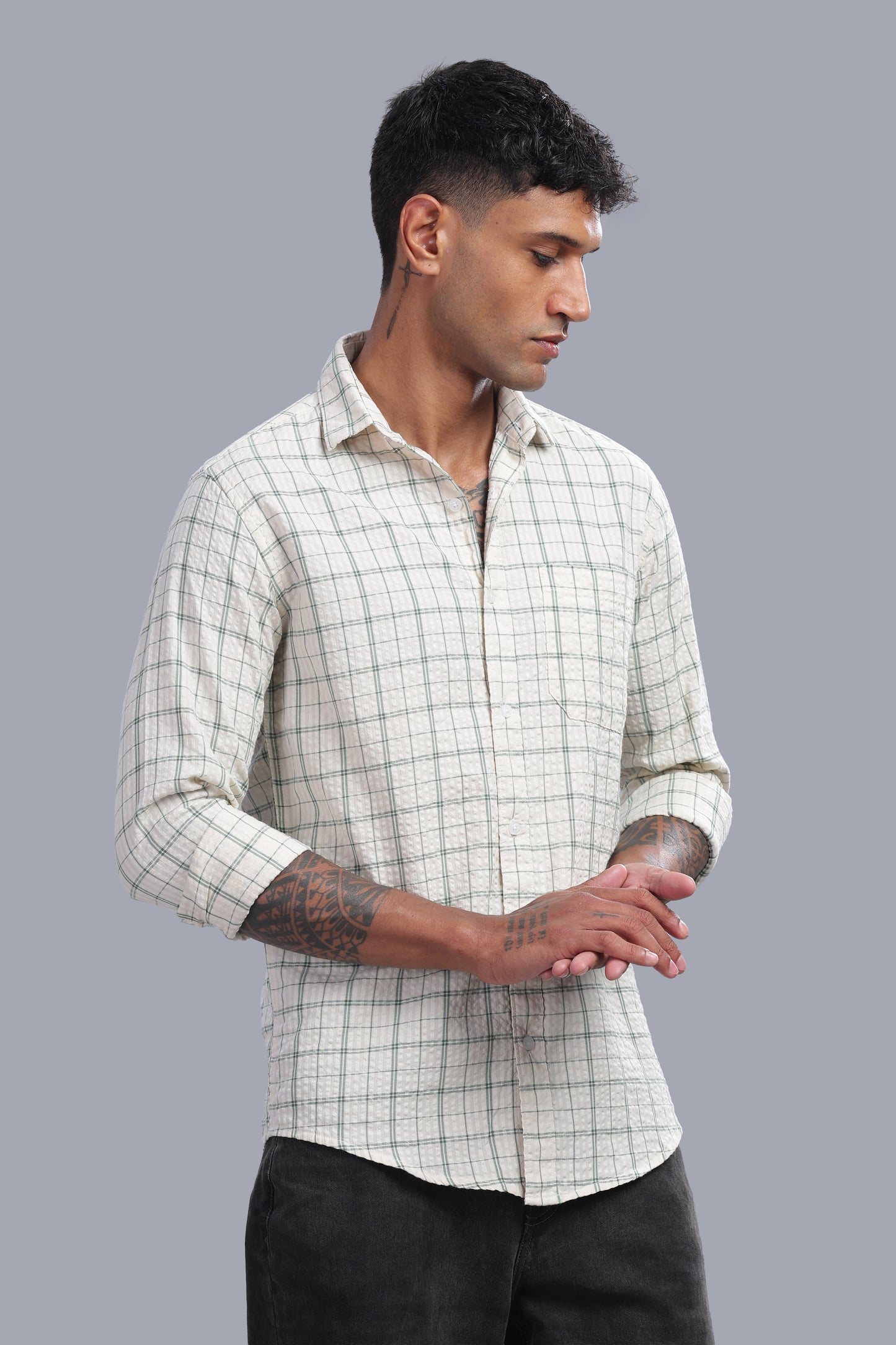 Attire Craft Ivory White Sage Green Checked Cotton Seersucker Shirt