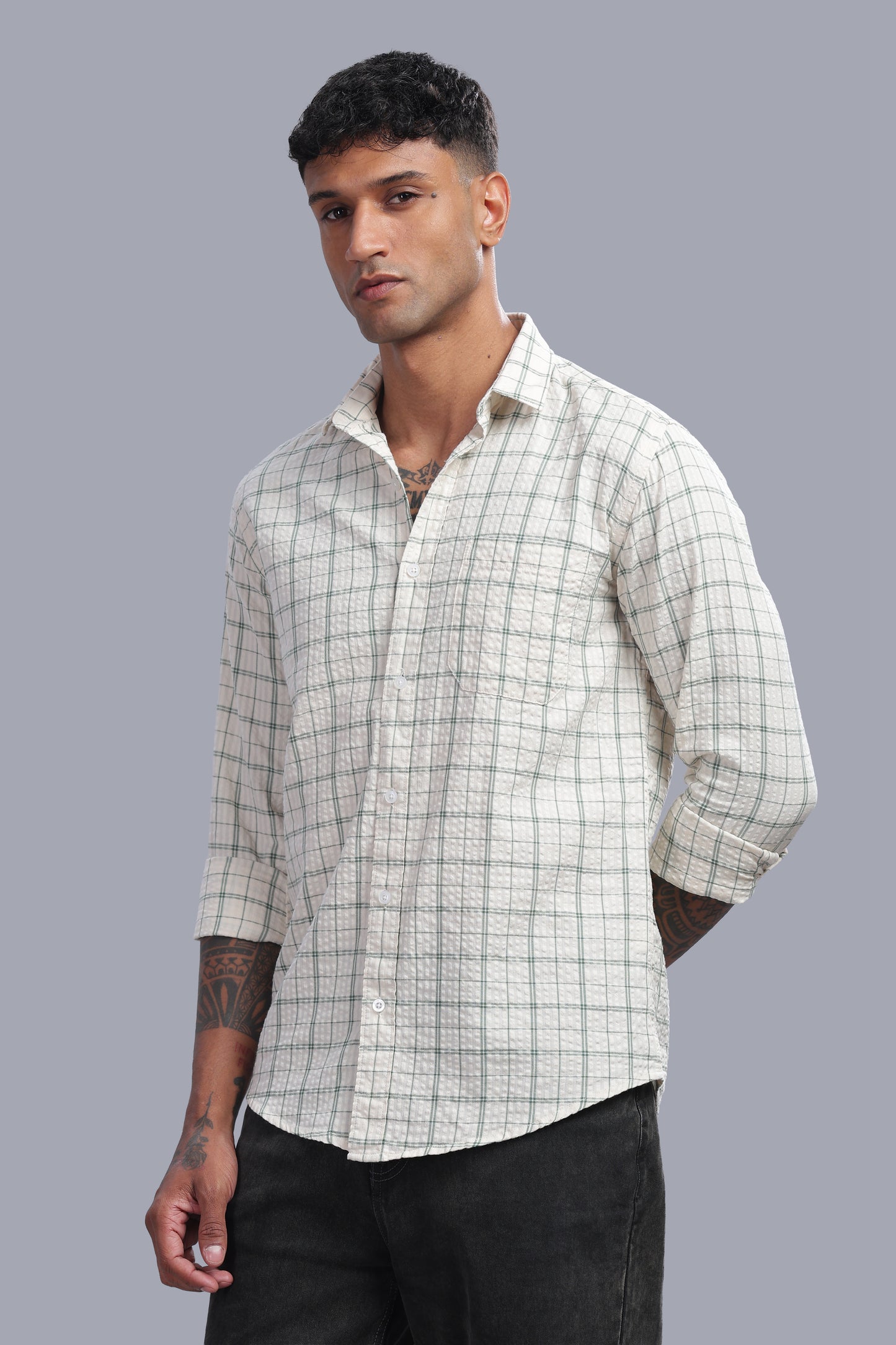 Attire Craft Ivory White Sage Green Checked Cotton Seersucker Shirt