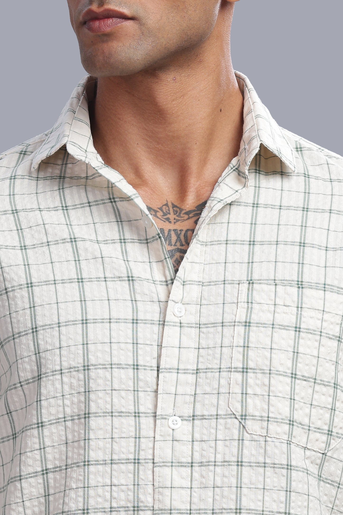 Attire Craft Ivory White Sage Green Checked Cotton Seersucker Shirt
