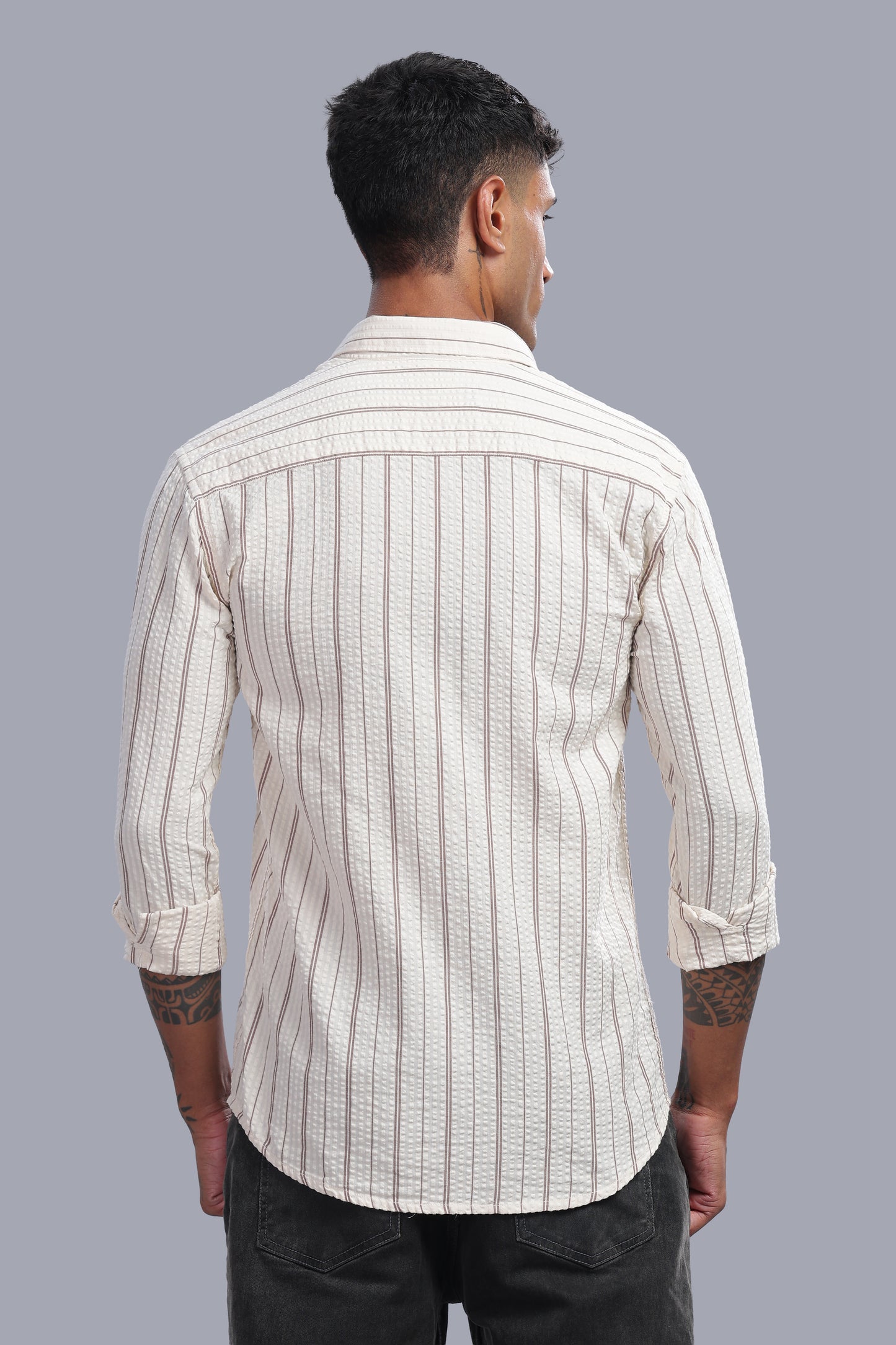 Attire Craft Cream Taupe Striped Cotton Seersucker Shirt