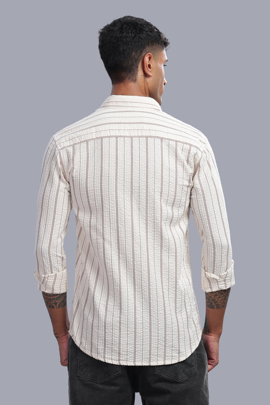 Attire Craft Cream Taupe Striped Cotton Seersucker Shirt