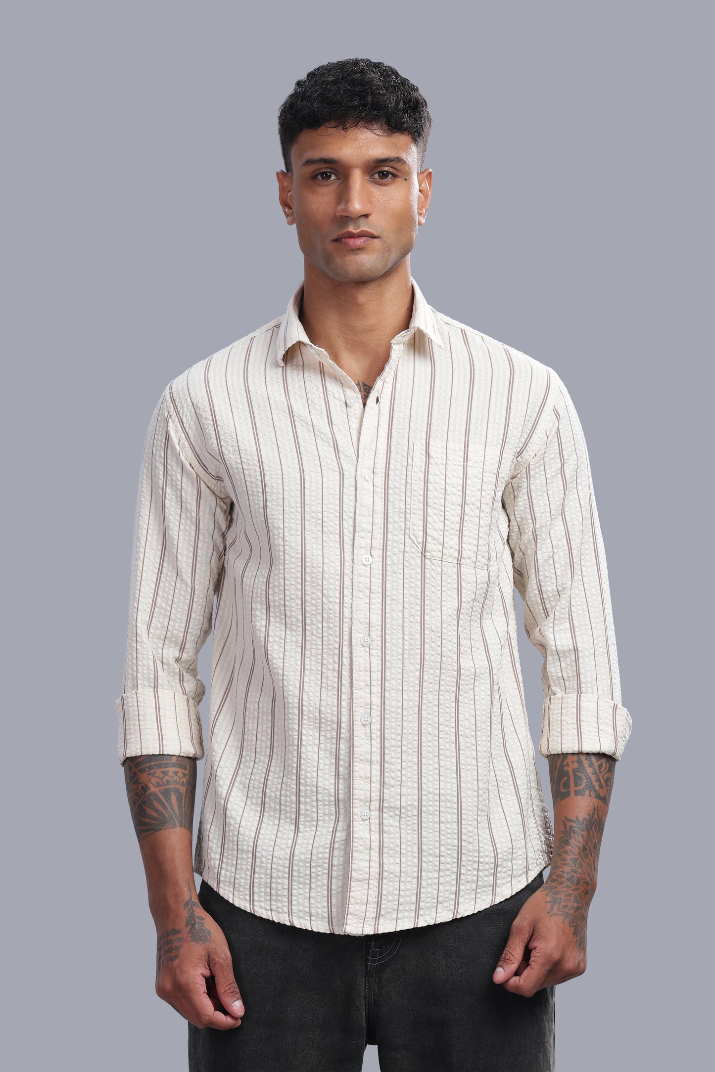 Attire Craft Cream Taupe Striped Cotton Seersucker Shirt