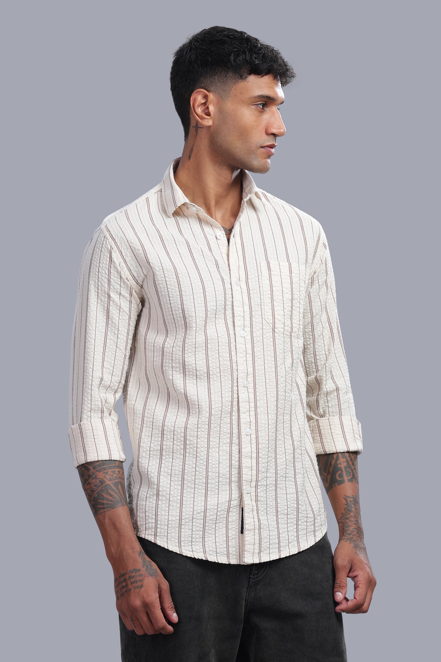 Attire Craft Cream Taupe Striped Cotton Seersucker Shirt