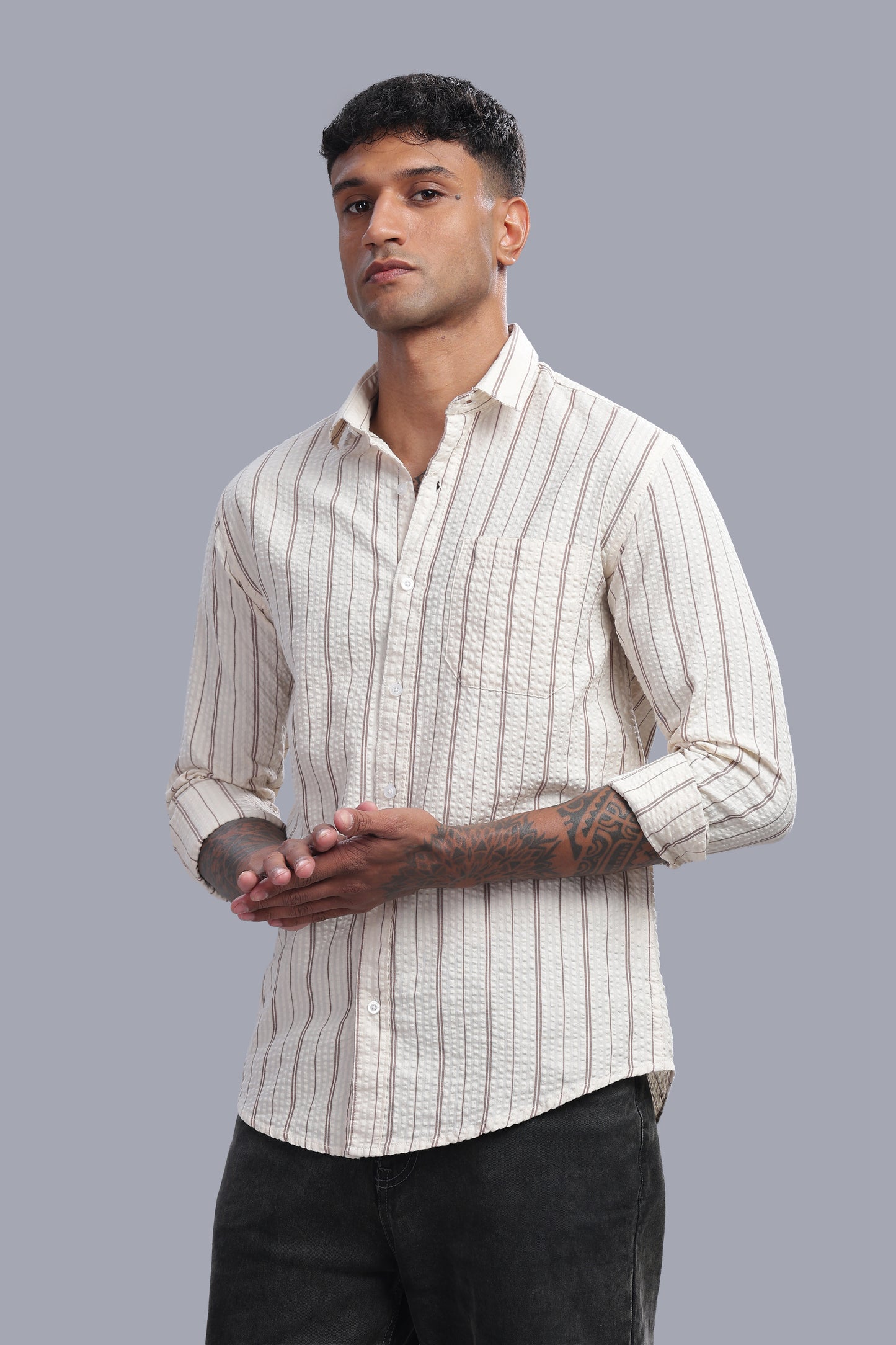 Attire Craft Cream Taupe Striped Cotton Seersucker Shirt