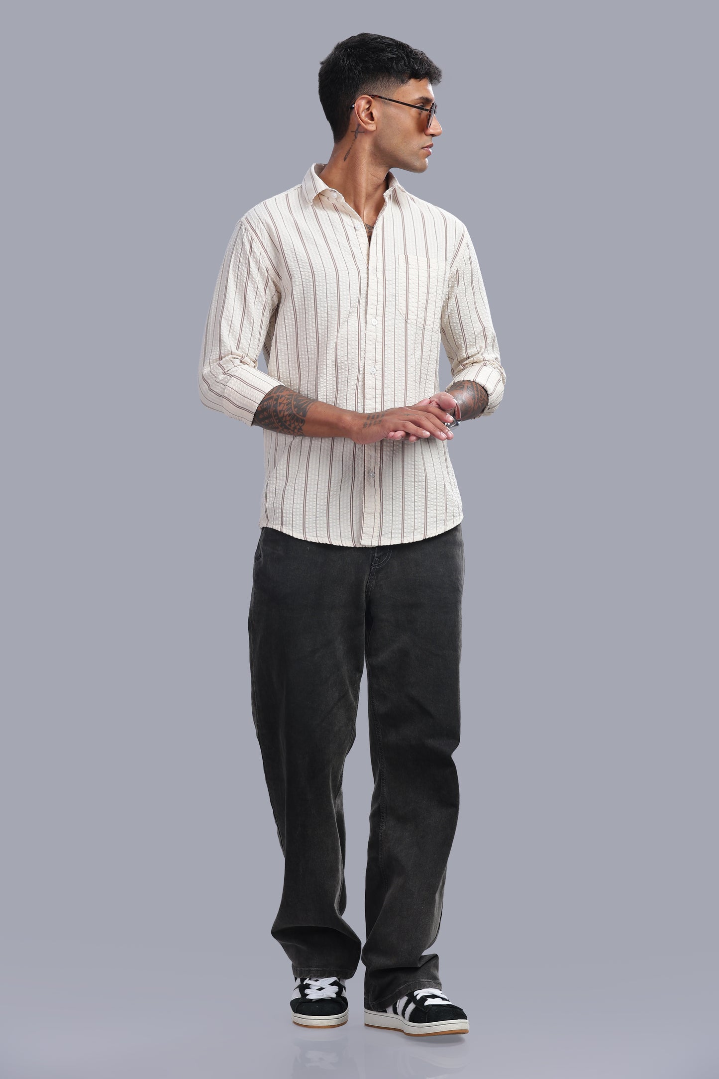 Attire Craft Cream Taupe Striped Cotton Seersucker Shirt