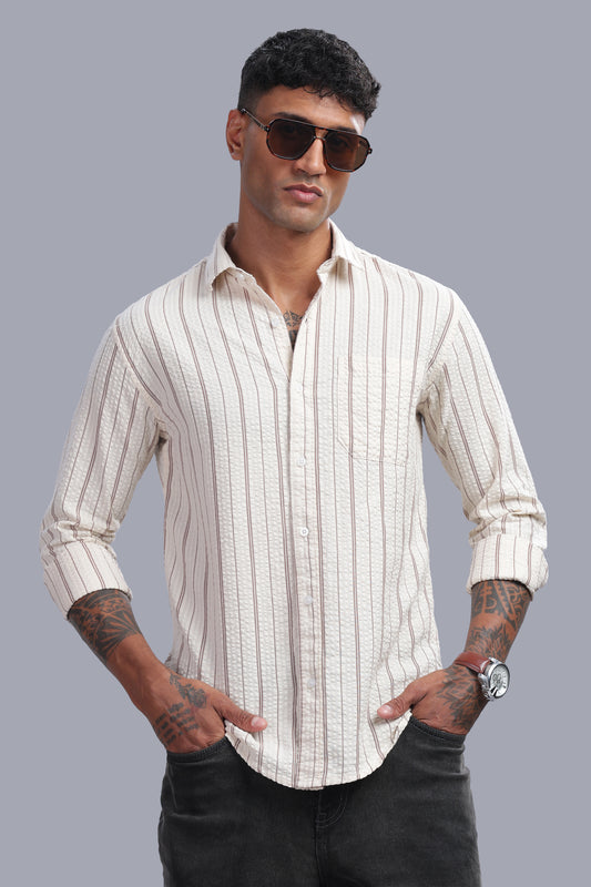 Cream Taupe Striped Cotton Seersucker Casual Shirt