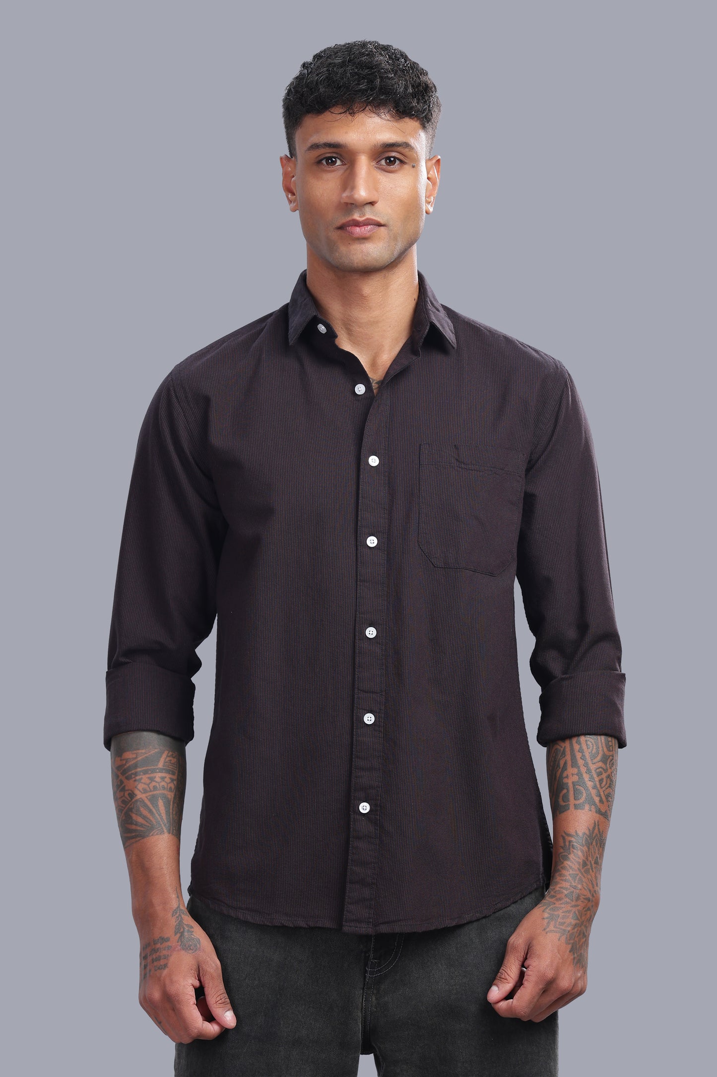 Attire Craft Coffee Brown Oxford Cotton Micro Stripe Shirt