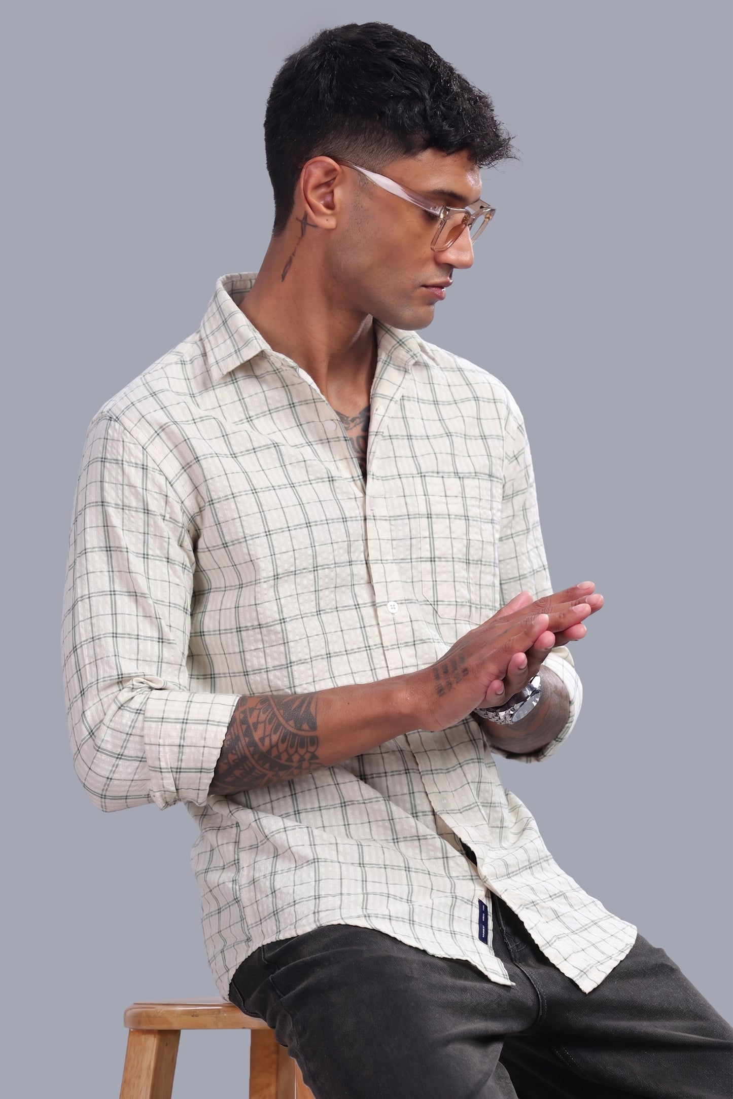 Attire Craft Ivory White Sage Green Checked Cotton Seersucker Shirt
