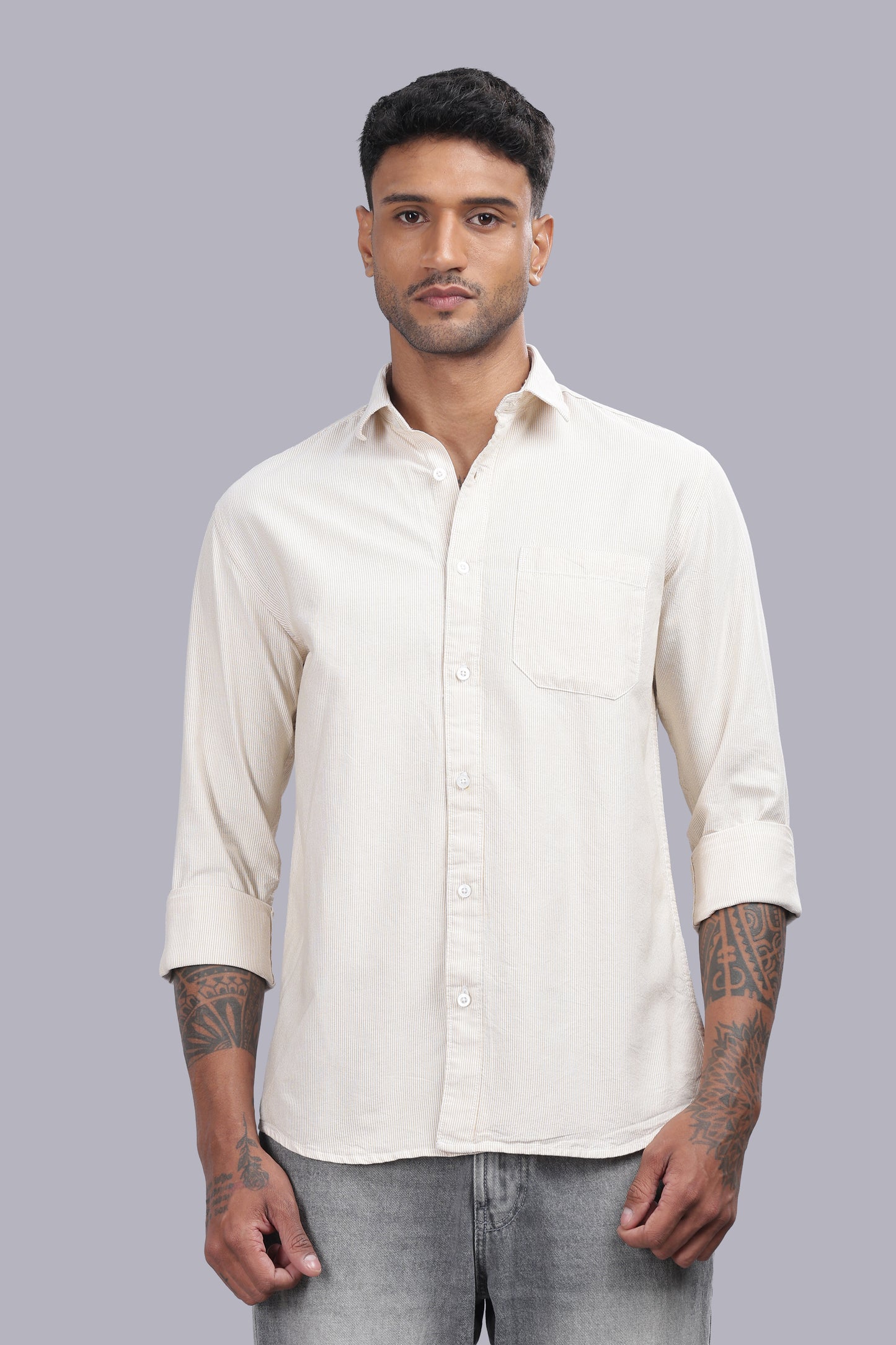 Ivory Sand Micro Stripe Oxford Cotton Shirt