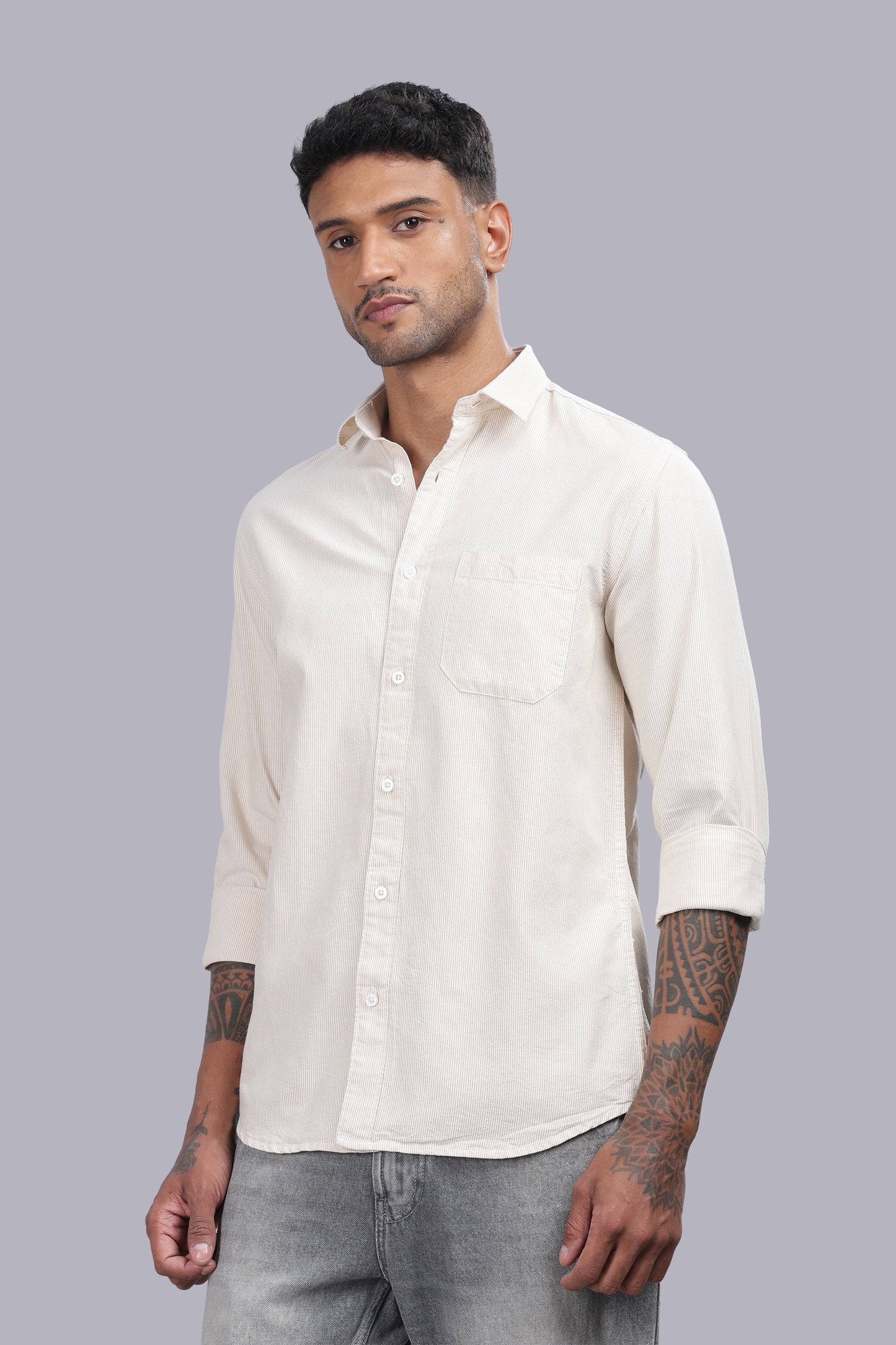 Ivory Sand Micro Stripe Oxford Cotton Shirt