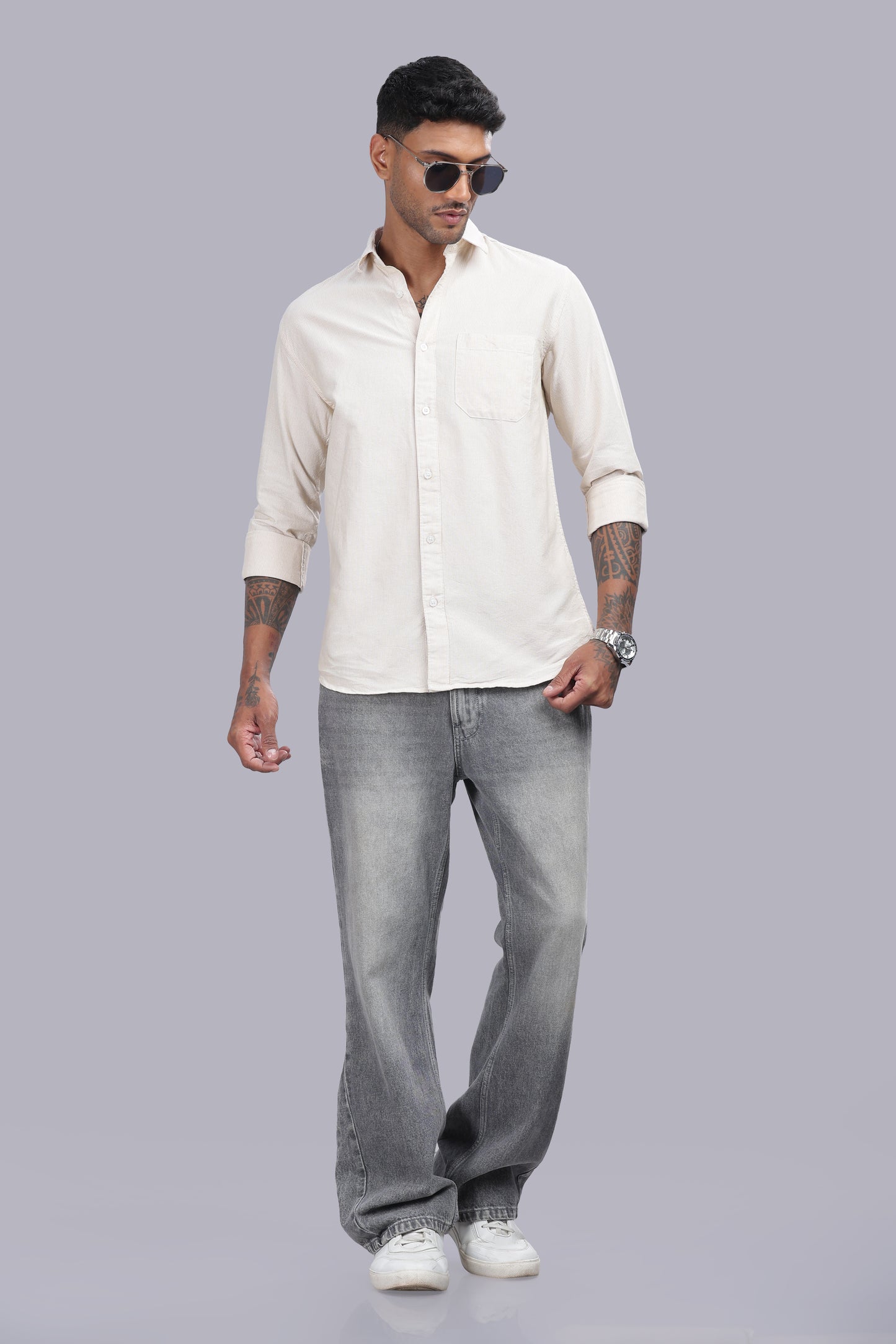 Ivory Sand Micro Stripe Oxford Cotton Shirt