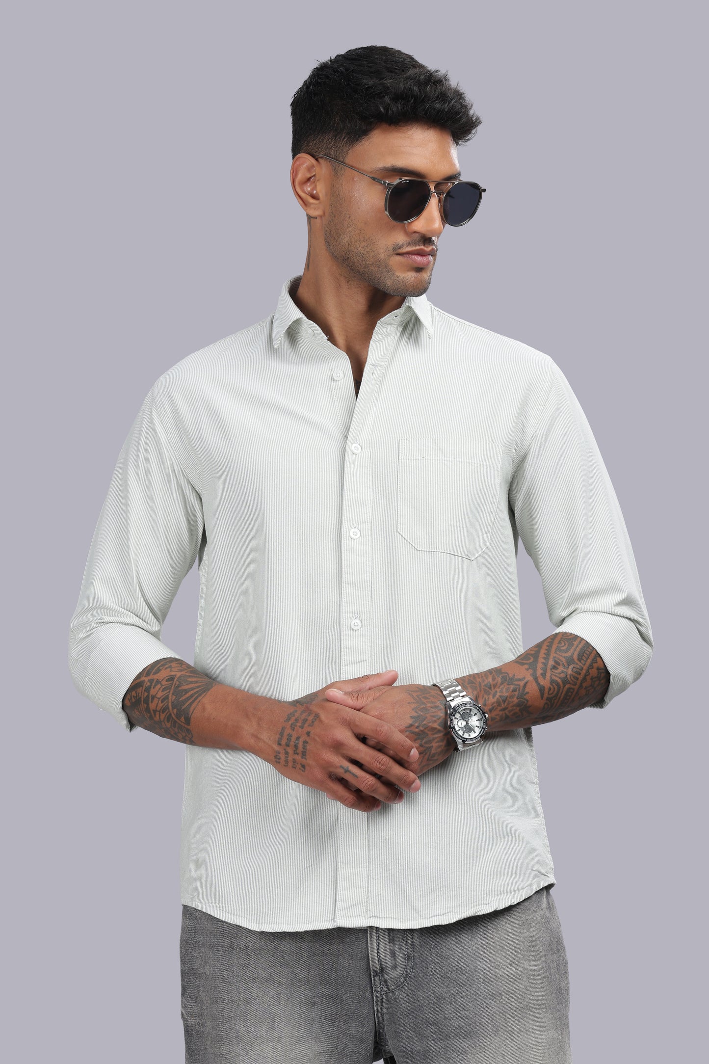 White Sage Micro Stripe Oxford Cotton Shirt