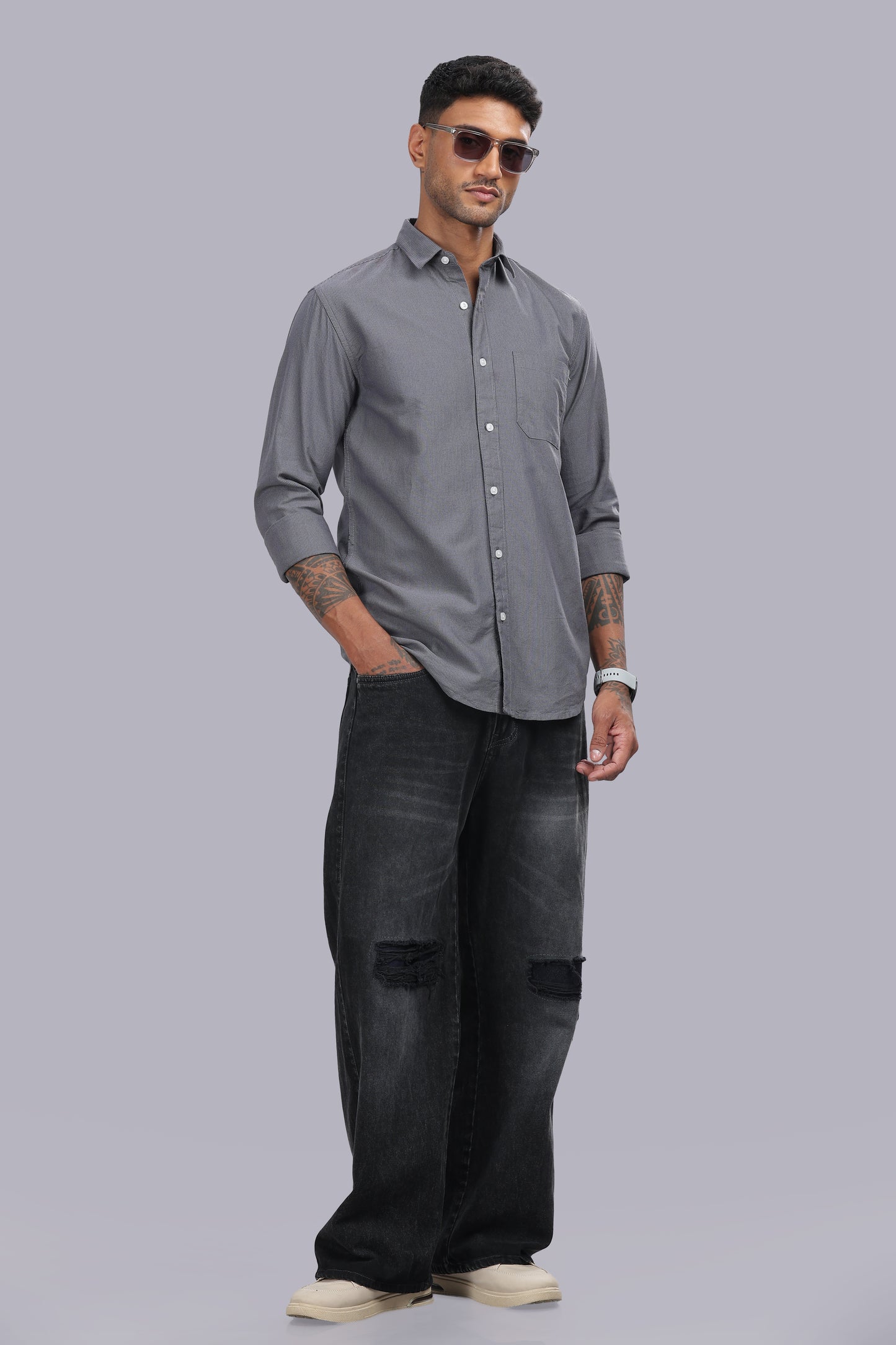 Steel Grey Micro Stripe Oxford Cotton Shirt